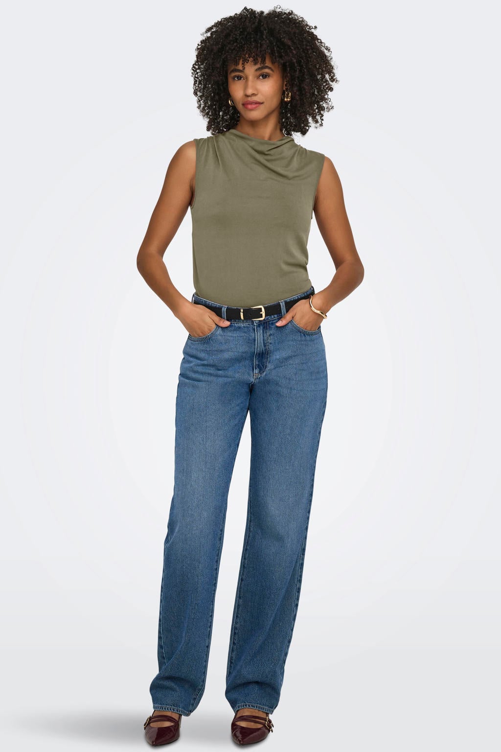 Kakikleurige dames ONLY top van viscose met effen en watervalhals