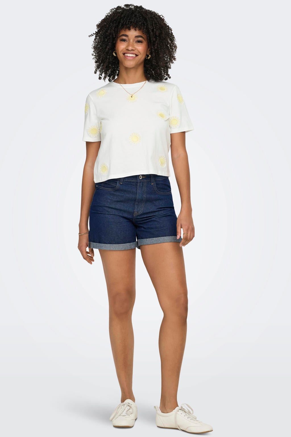 Wit en gele dames ONLY T-shirt van katoen met korte mouwen en ronde hals