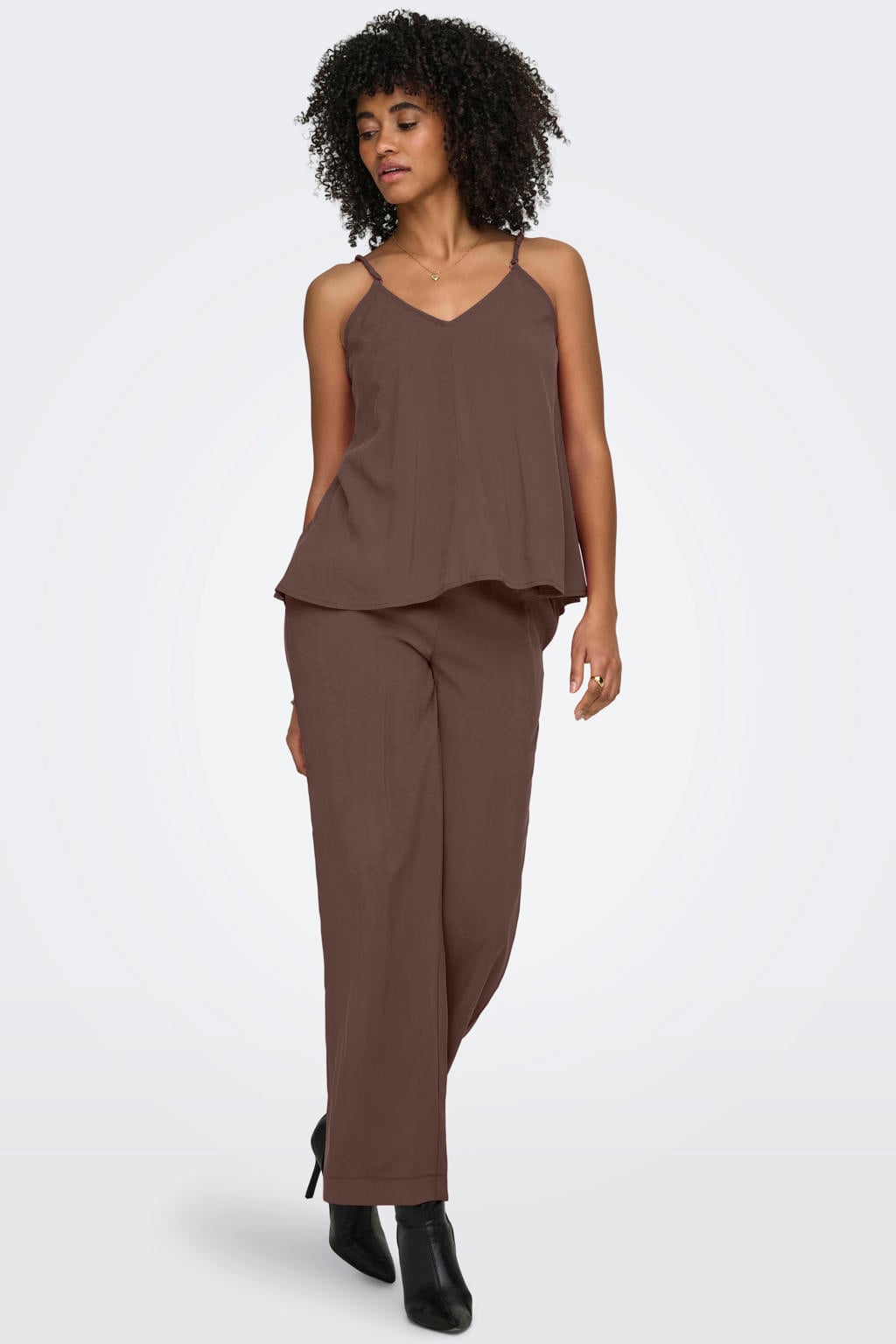 Bruine dames ONLY wide leg high waist broek van viscose met elastische tailleband met koord en effen