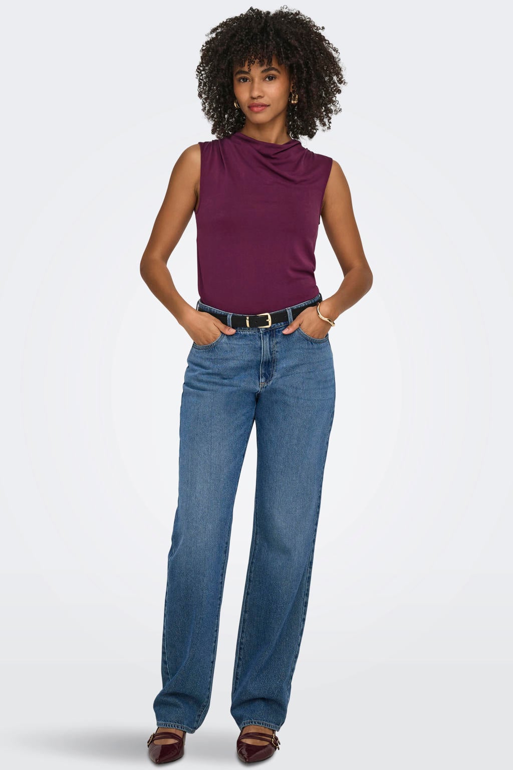 Paarse dames ONLY top van viscose met effen en watervalhals