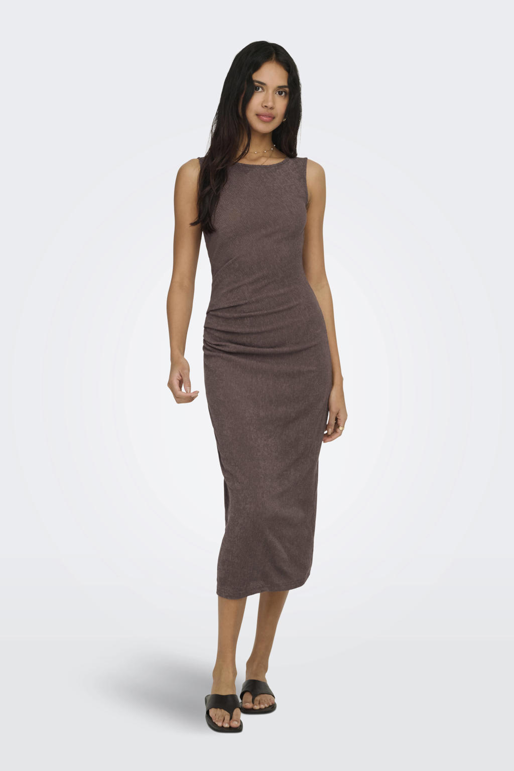 Bruine dames ONLY midi jurk van polyester met effen en ronde hals