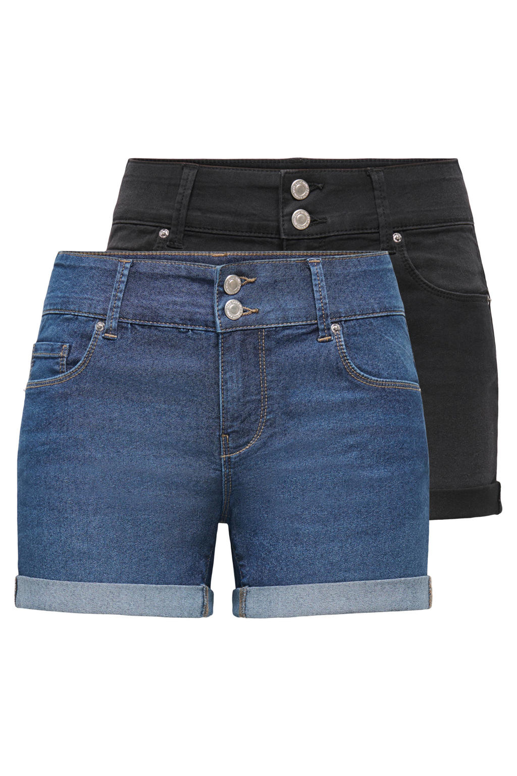 Denim en zwarte dames ONLY skinny regular waist short dark blue set van 2 van katoen met knoopsluiting en effen