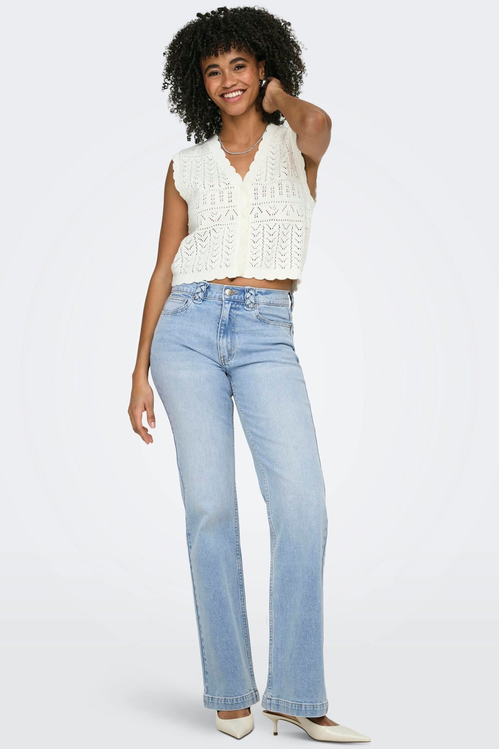 Light blue denim dames ONLY Onltess Mw Flare Braided Dnm flared jeans met regular waist, rits- en knoopsluiting en effen
