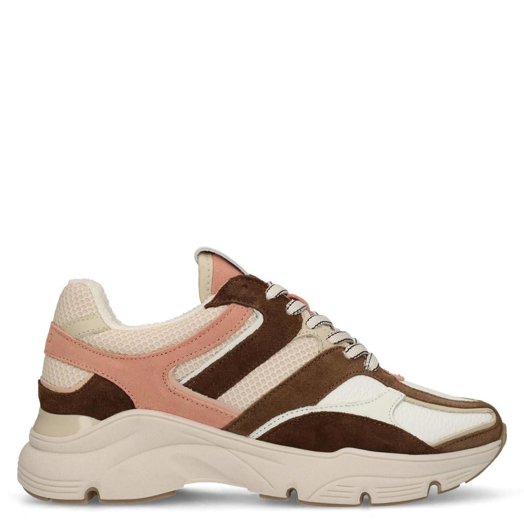 Bruine dames Manfield chunky leren sneakers met veters