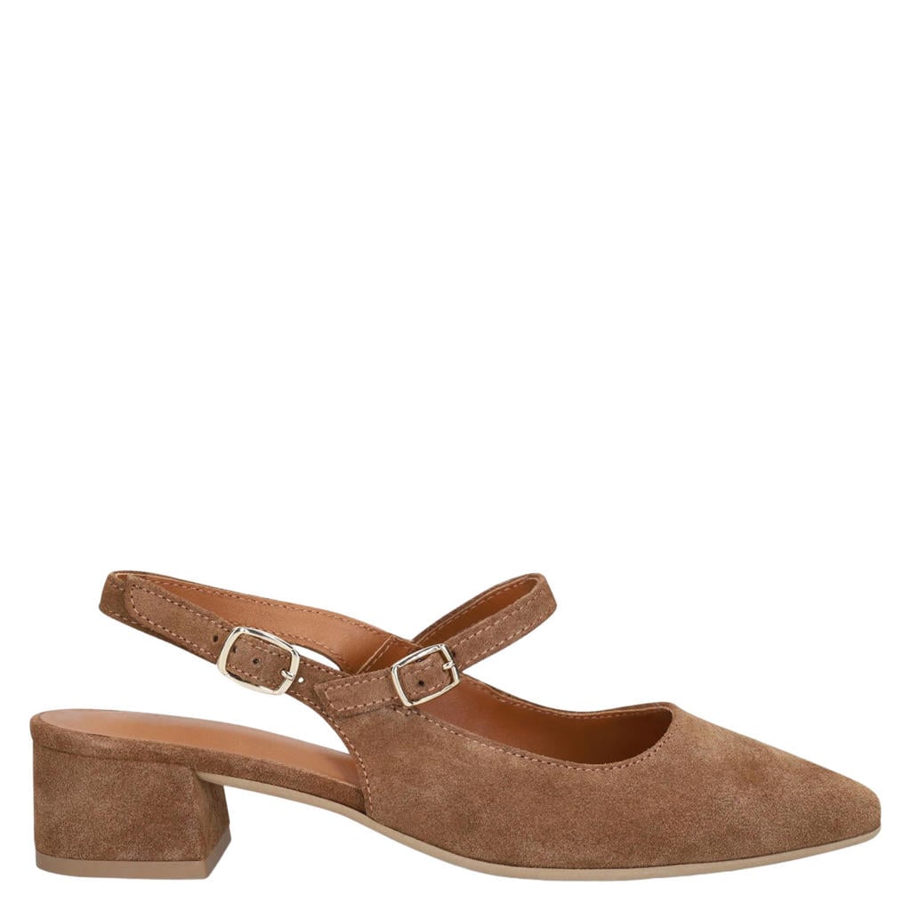 Camelkleurige dames No Stress suède slingback pumps met gesp