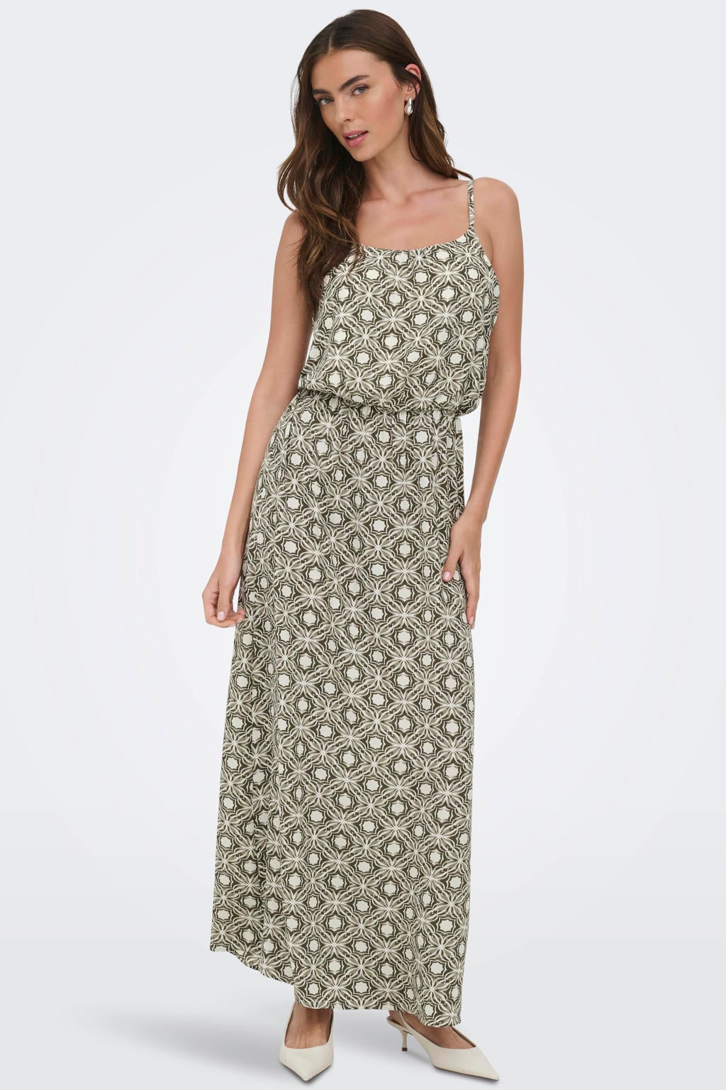 Groen en ecru dames ONLY maxi jurk van polyester met grafische print, spaghettibandjes, ronde hals en plooien