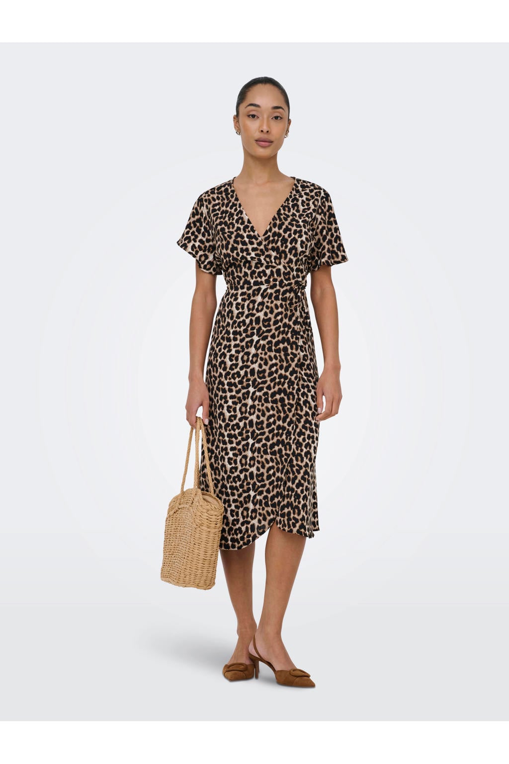 Zwart en bruine dames ONLY zomerjurk van polyester met effen, korte mouwen, overslagkraag, striksluiting en geweven detail