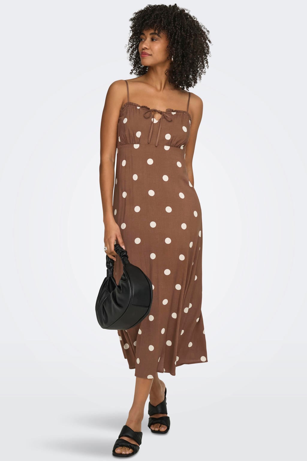 Bruin en ecru dames ONLY zomerjurk van viscose met bloemenprint, spaghettibandjes, vierkante hals en strikje