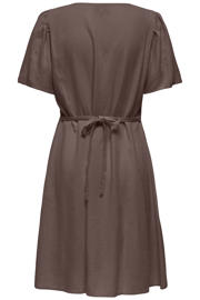 thumbnail: Bruine dames ONLY linnen zomerjurk van viscose met effen, korte mouwen, V-hals, knoopsluiting en geweven detail
