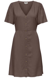 thumbnail: Bruine dames ONLY linnen zomerjurk van viscose met effen, korte mouwen, V-hals, knoopsluiting en geweven detail