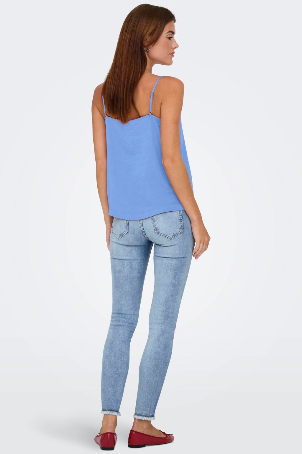 Blauwe dames ONLY spaghettitop van polyester met effen, spaghettibandjes, V-hals en geweven detail
