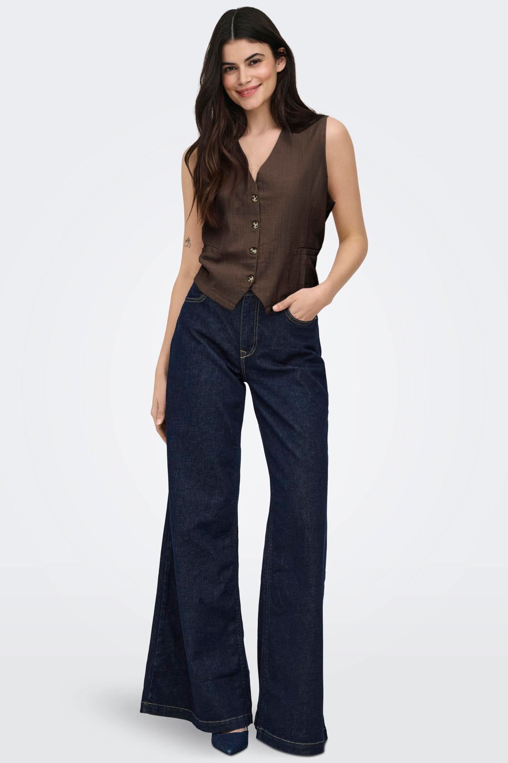 Bruine dames ONLY regular blazer van katoen met effen, V-hals, knoopsluiting en geweven detail