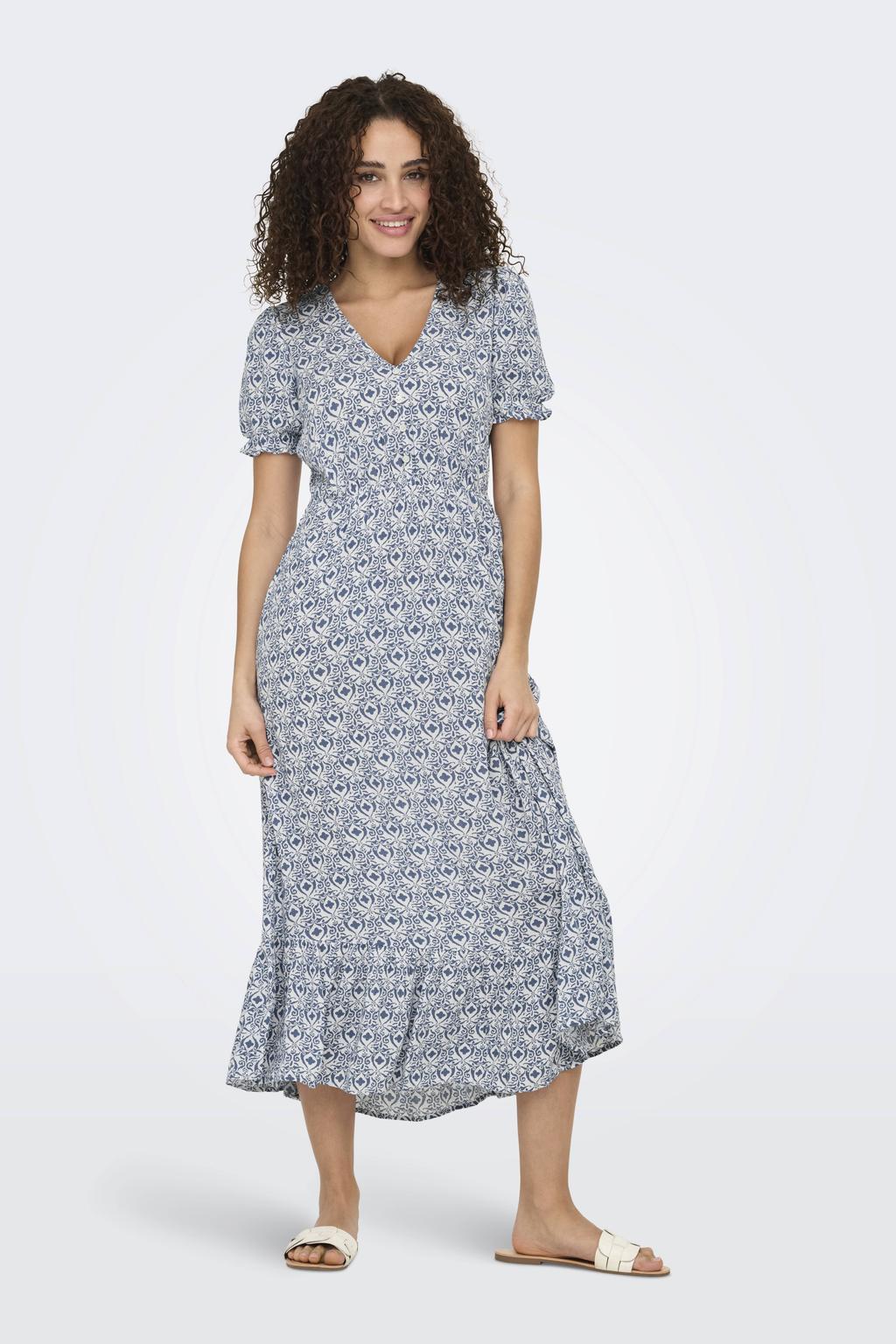 Blauw en ecru dames ONLY maxi jurk van viscose met korte mouwen, V-hals en ruches
