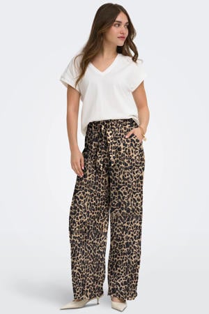 wide leg high waist casual broek met panterprint bruin