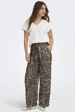 wide leg high waist casual broek met panterprint bruin