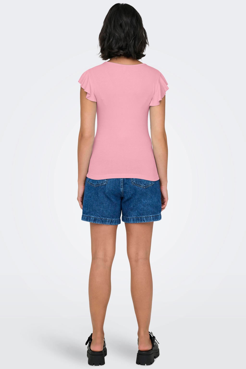 Roze dames ONLY top van viscose met effen, korte mouwen, V-hals en volant