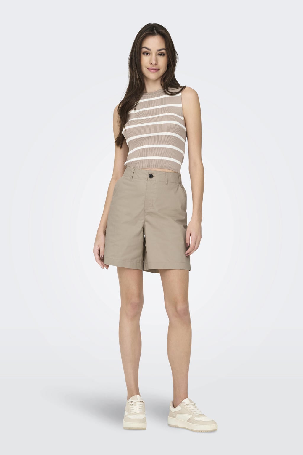Groene dames ONLY regular high waist casual short van katoen met rits- en knoopsluiting en effen