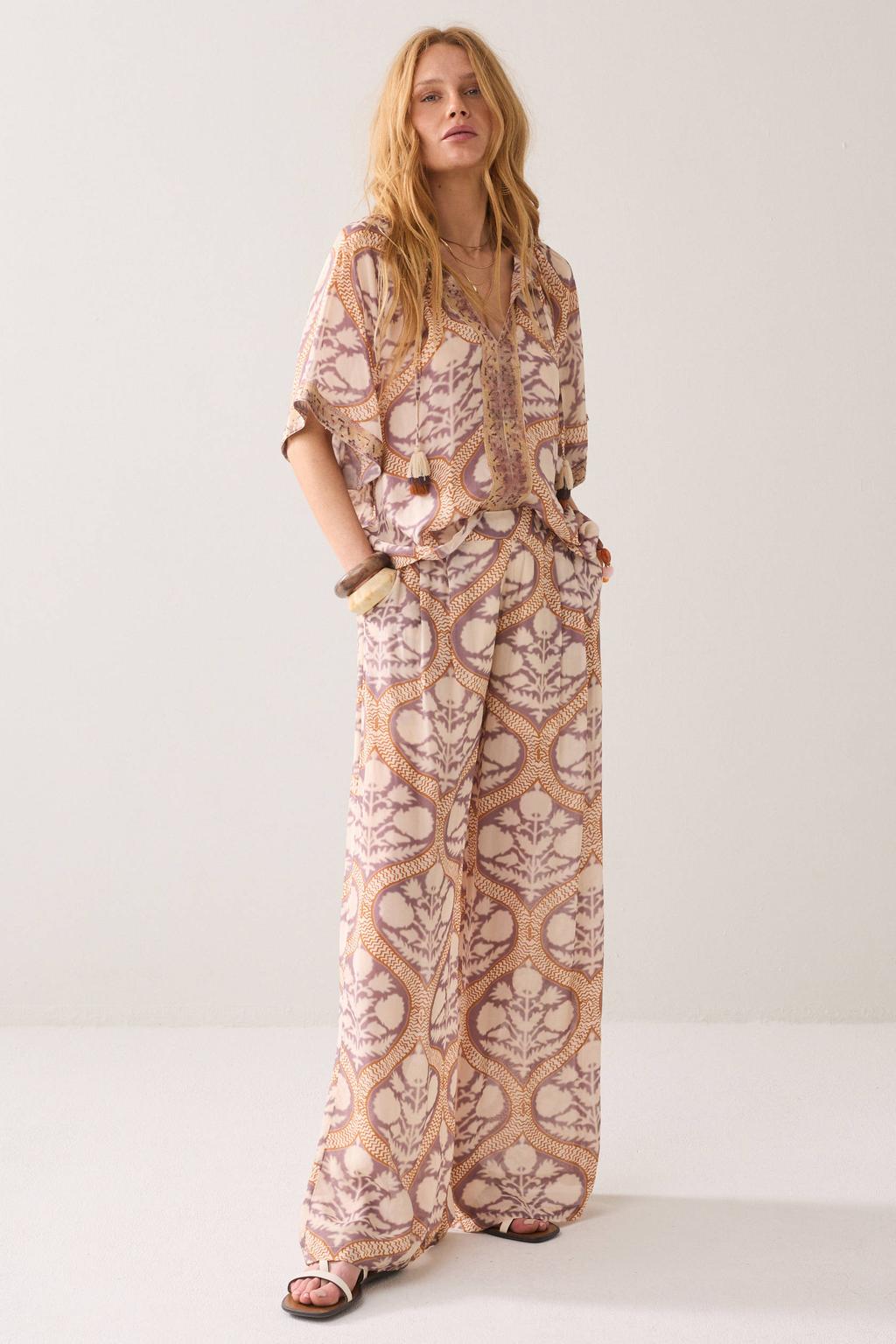 Paars, oranje en ecru dames Summum wide leg fit broek van viscose