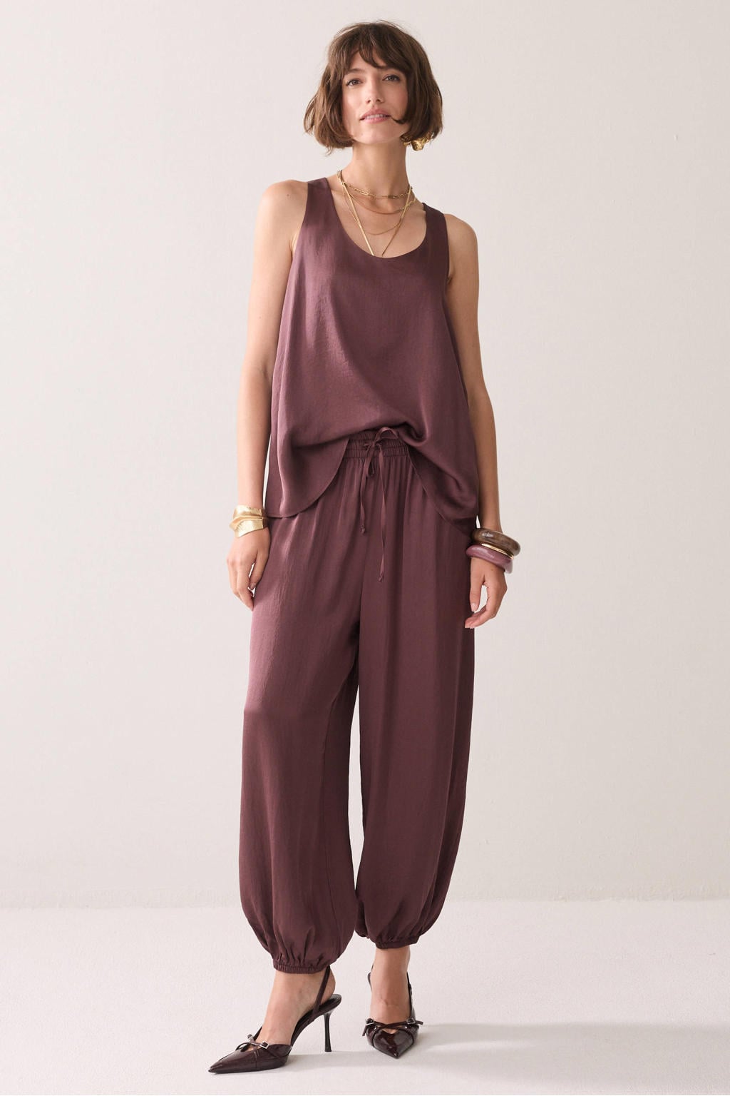 Paarse dames Summum barrel fit broek van acetaat met regular waist, elastische tailleband met koord en effen