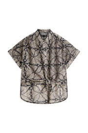 thumbnail: Zwart en beige dames Summum blouse van lyocell met grafische print, korte mouwen, klassieke kraag en knoopsluiting