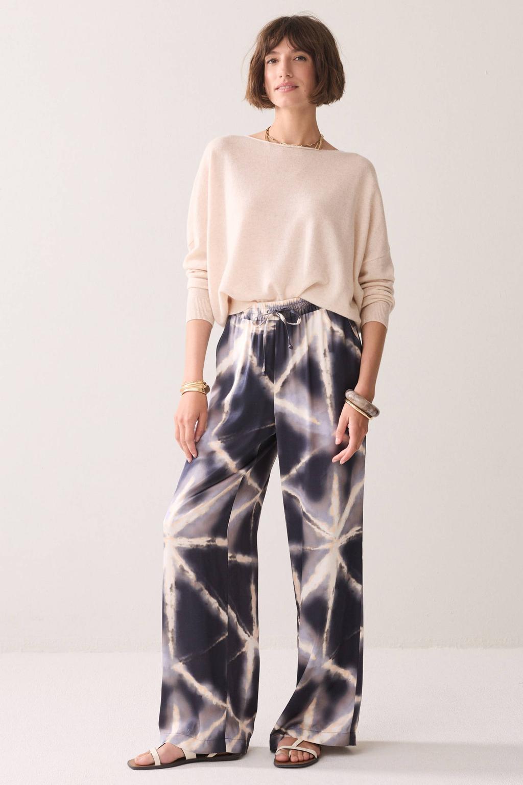 Donkerblauw en ecru dames Summum wide leg broek met elastische tailleband met koord