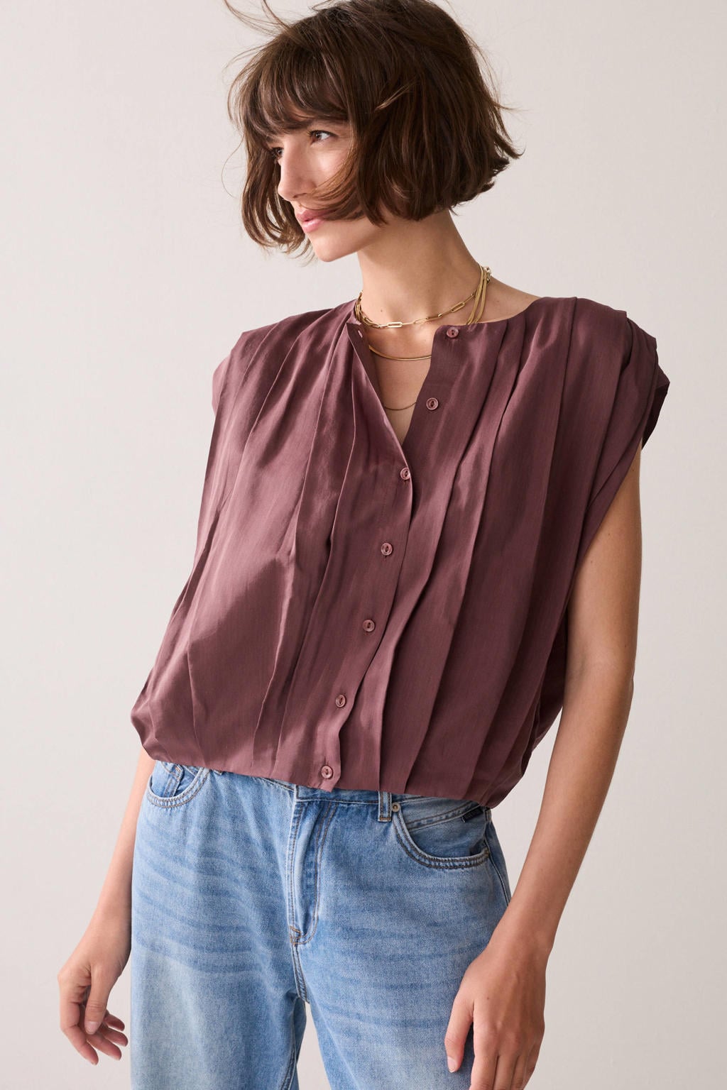 Paarse dames Summum blouse van viscose met effen, ronde hals en knoopsluiting