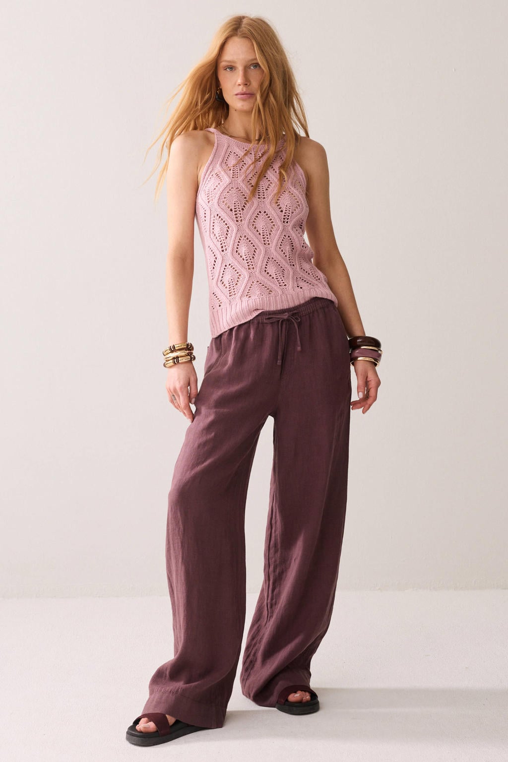 Paarse dames Summum linnen regular waist wide leg fit broek met elastische tailleband met koord en effen