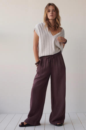 linnen regular waist wide leg fit broek - paars