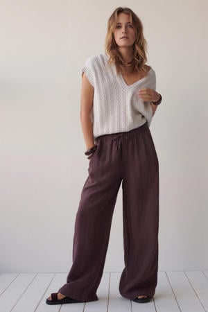 linnen regular waist wide leg fit broek - paars