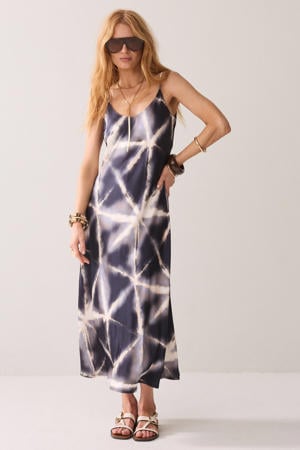 viscose midi jurk met print - donkerblauw