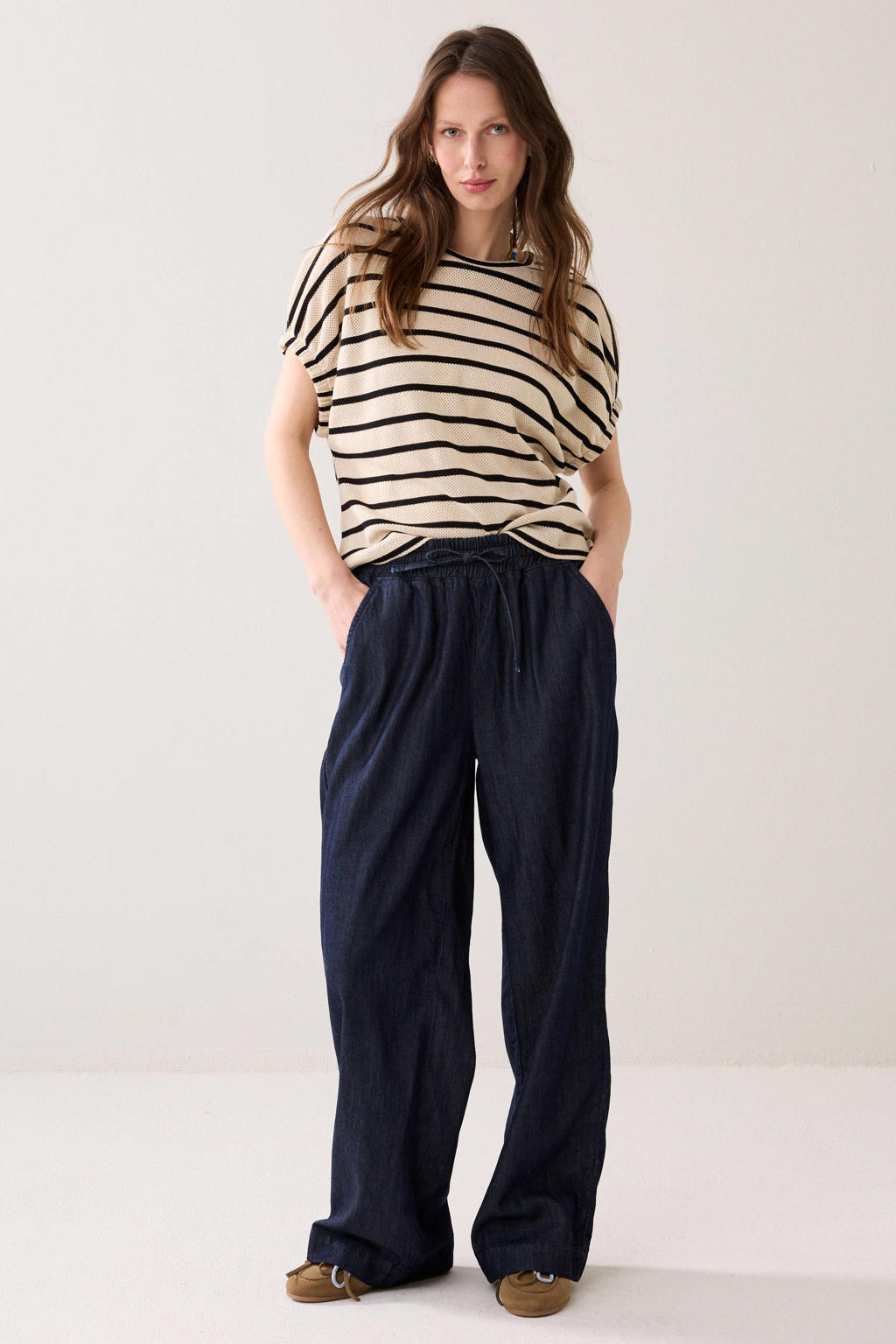 Beige en zwarte dames Summum gestreepte top met korte mouwen en ronde hals