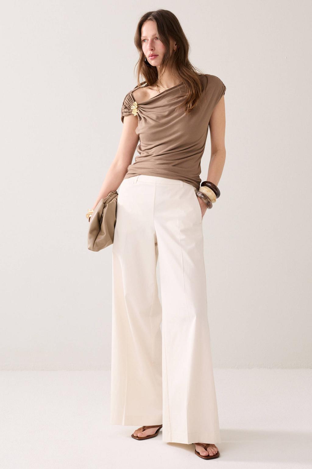 Ecru dames Summum wide leg regular waist broek van katoen met elastische inzet en effen