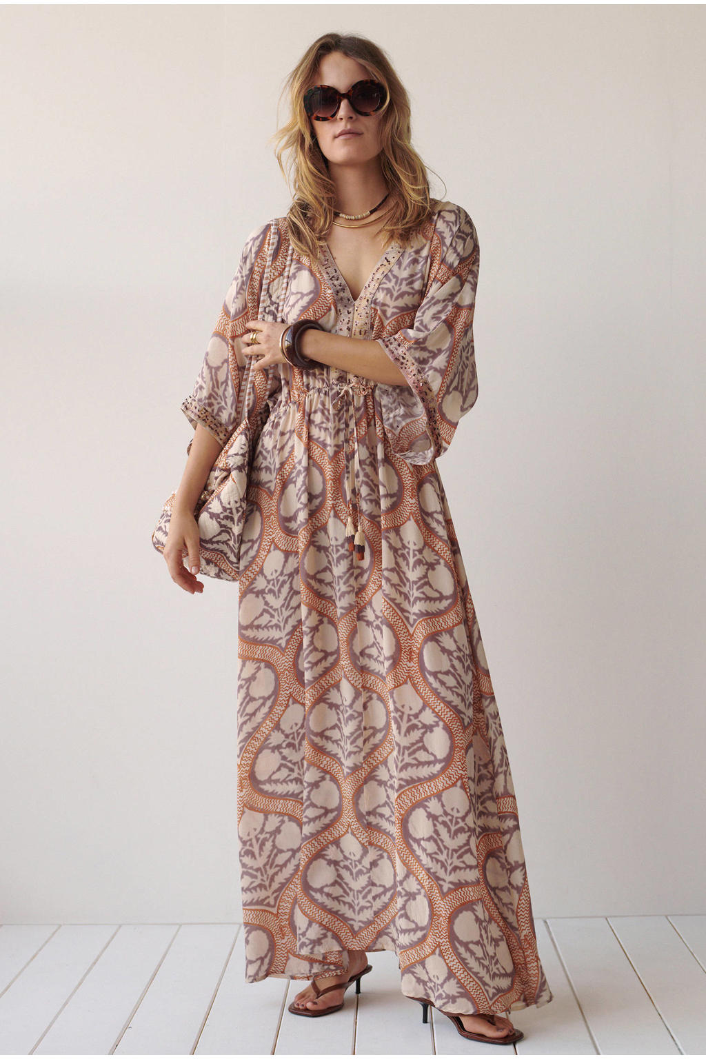 Oranje, paars en beige dames Summum maxi jurk van viscose met half lange mouwen en V-hals