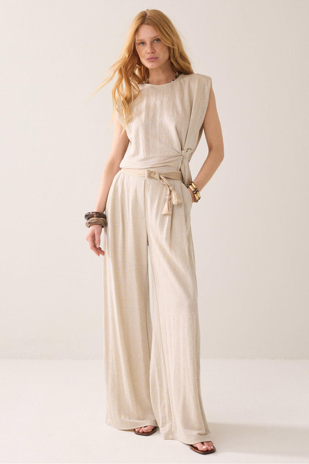 Beige dames Summum wide leg high waist broek van viscose met effen
