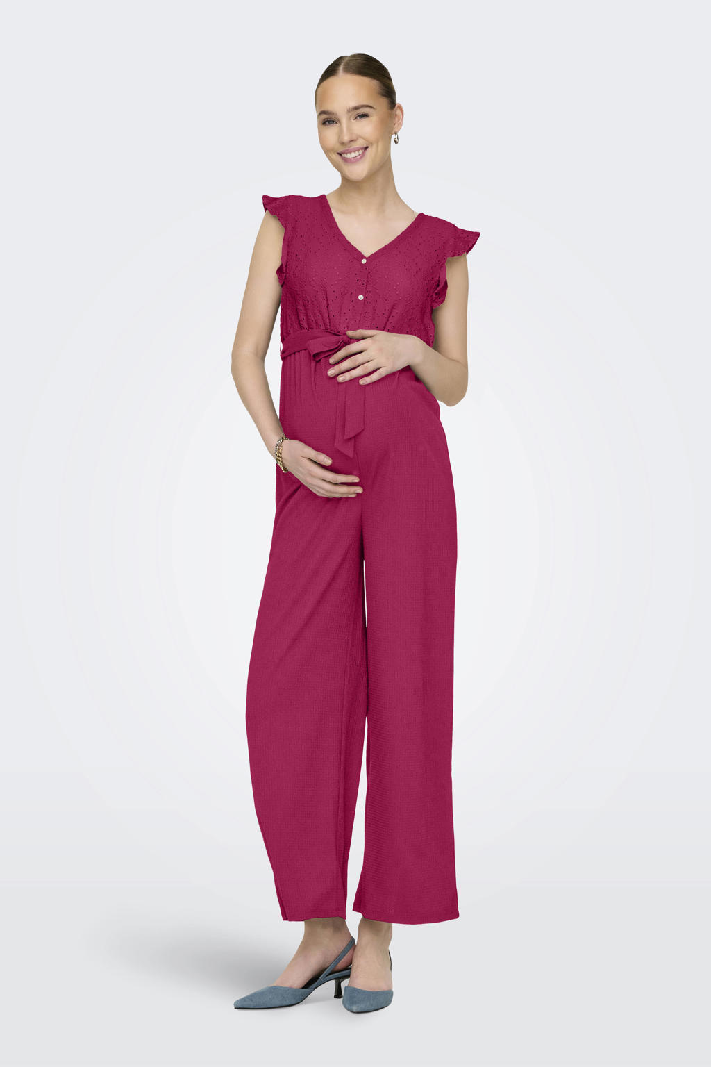 ONLY MATERNITY zwangerschaps jumpsuit broderie fuchsia