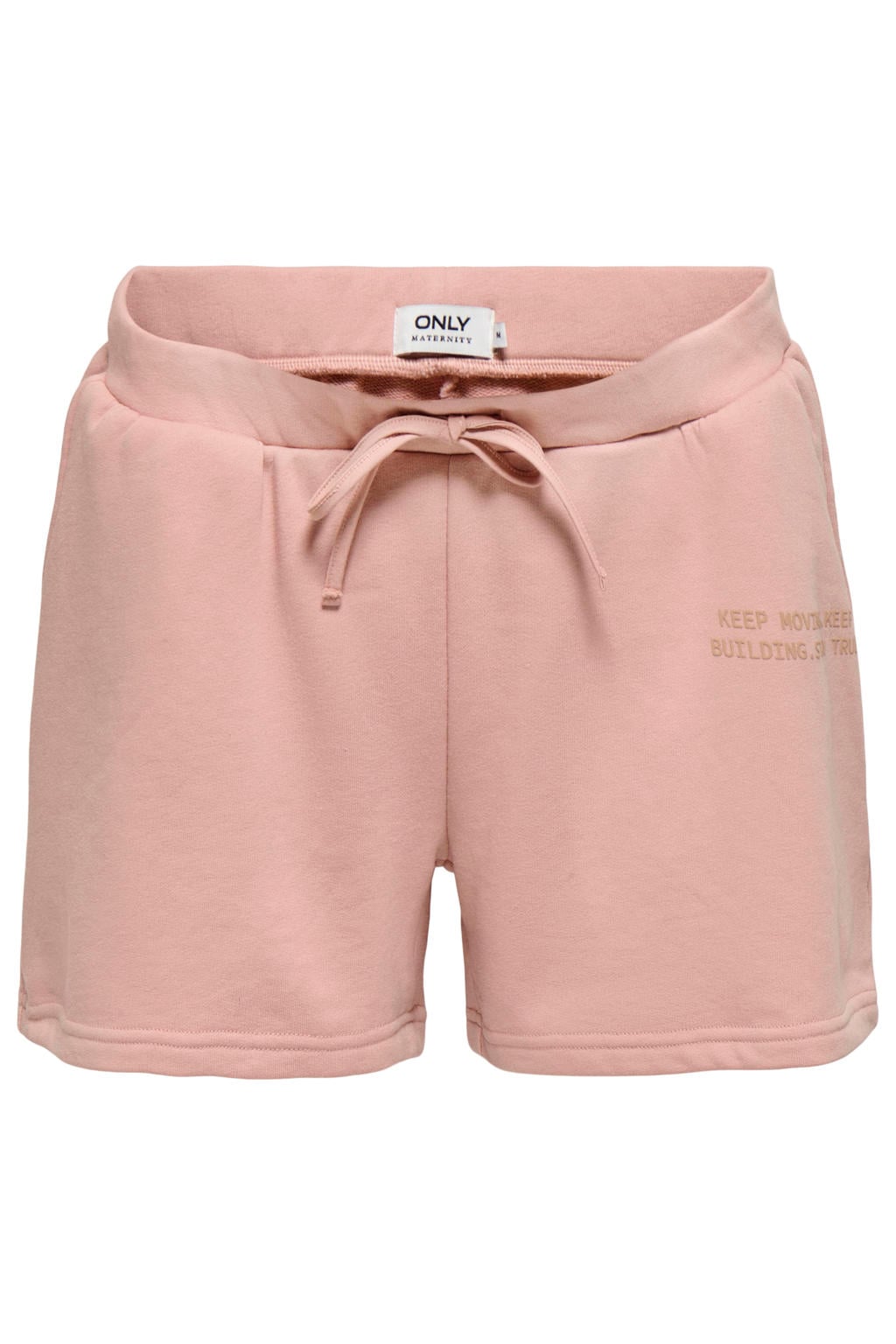Lichtroze dames ONLY MATERNITY regular low waist zwangerschaps sweatshort met elastische tailleband met koord en tekst print