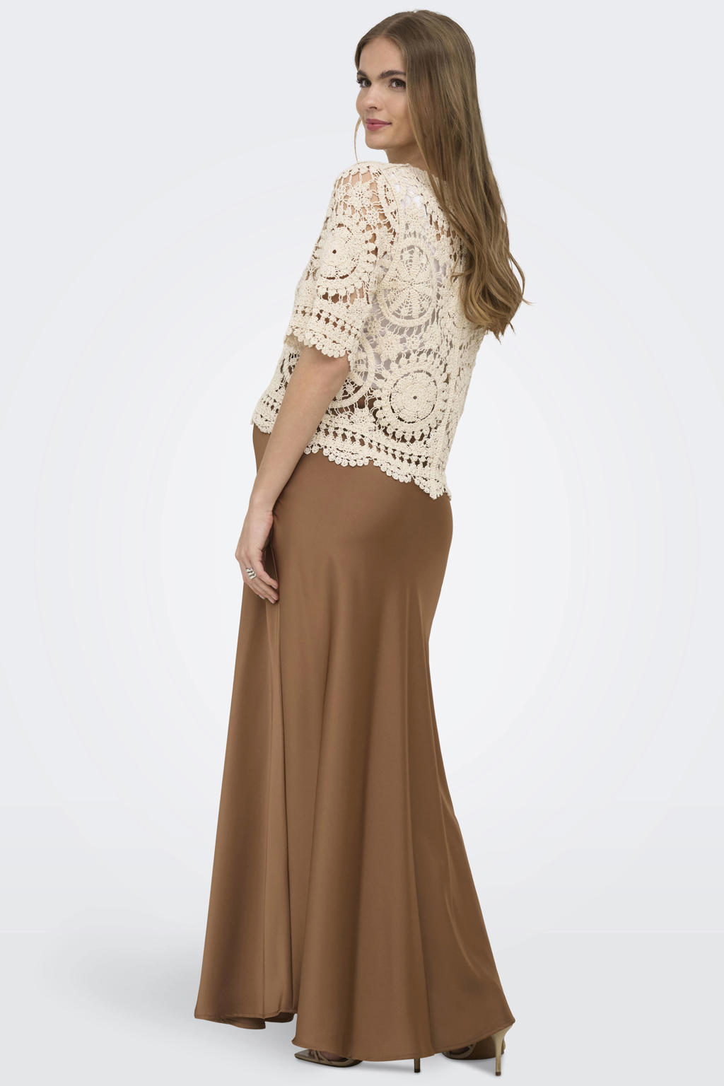 Ecru dames ONLY MATERNITY zwangerschaps top gehaakt met effen, korte mouwen en ronde hals