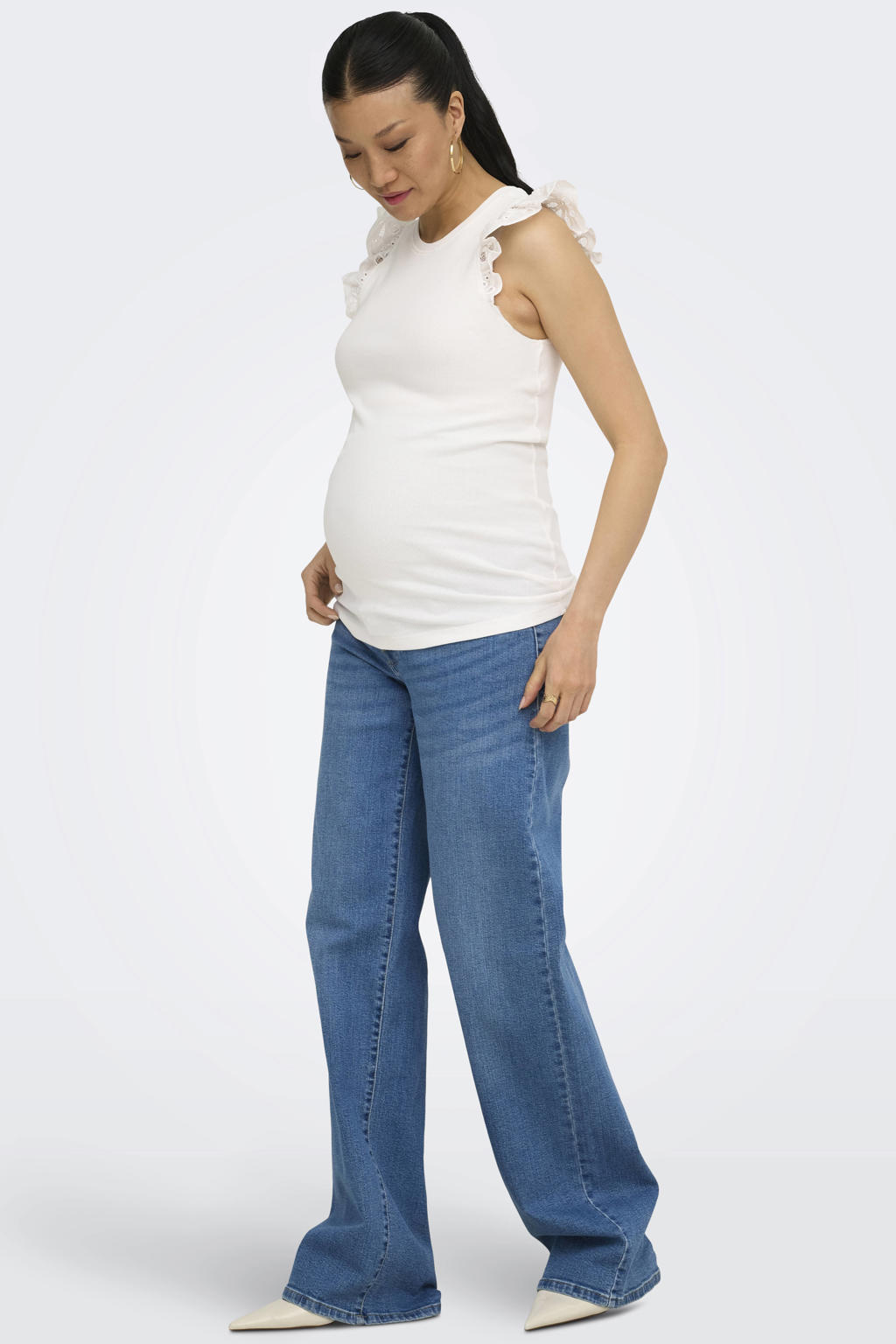 Ecru dames ONLY MATERNITY zwangerschaps T-shirt broderie van stretchkatoen met effen, korte mouwen en ronde hals