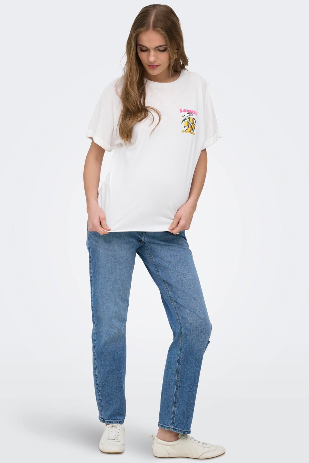 Witte dames ONLY MATERNITY zwangerschaps T-shirt van katoen met backprint, korte mouwen en ronde hals