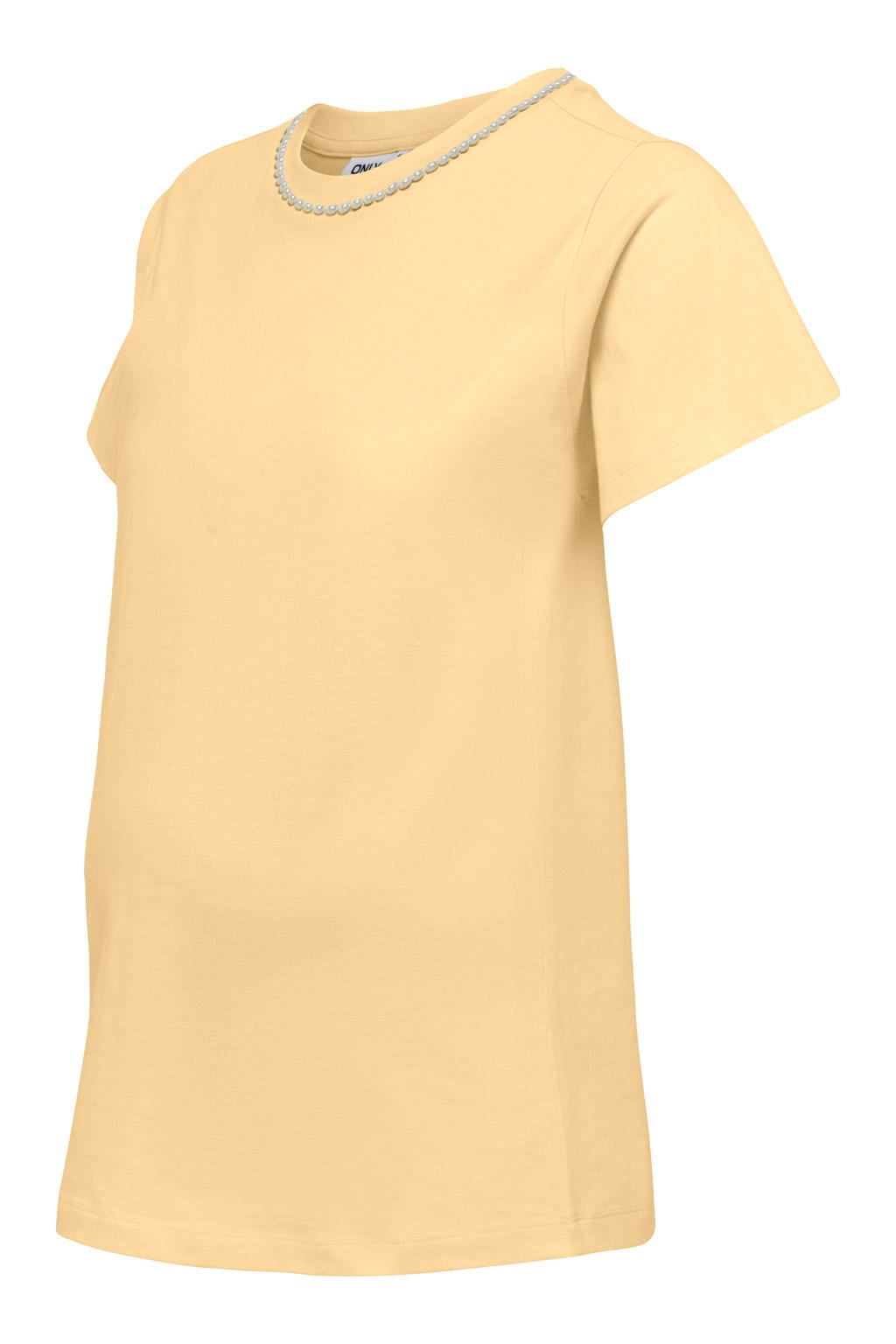 Gele dames ONLY MATERNITY zwangerschaps T-shirt van katoen met effen, korte mouwen, ronde hals en parels