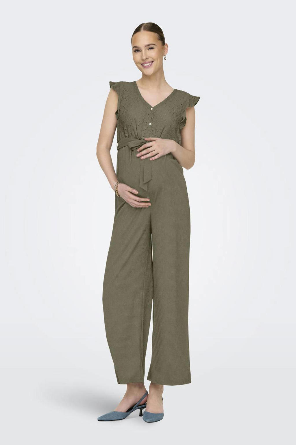 ONLY MATERNITY zwangerschaps jumpsuit broderie olijfgroen