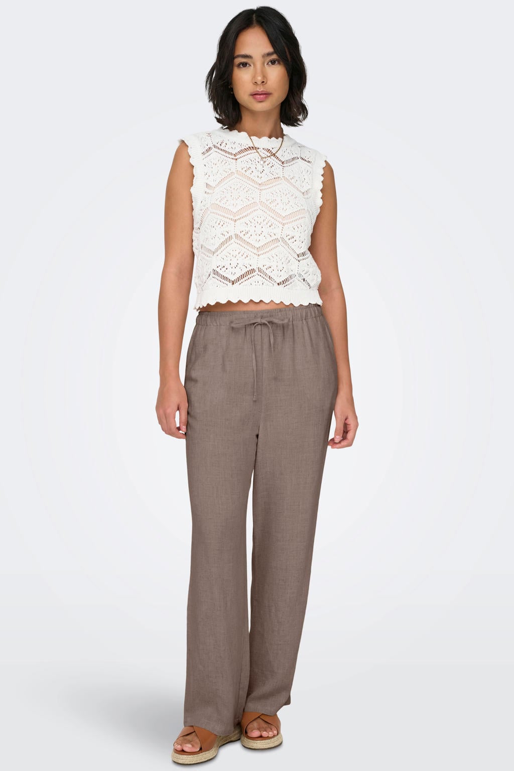 Lichtbruine dames ONLY straight regular waist casual broek van linnen met elastische tailleband met koord en effen