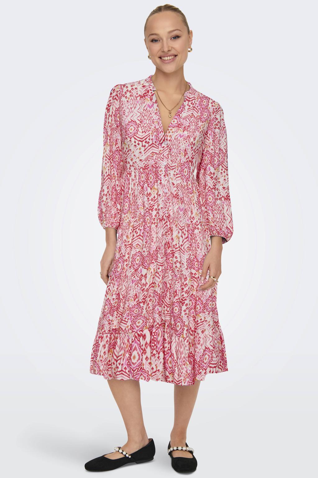 Roze en cremekleurige dames ONLY midi jurk van modal met driekwart mouwen, V-hals, knoopsluiting en geweven detail