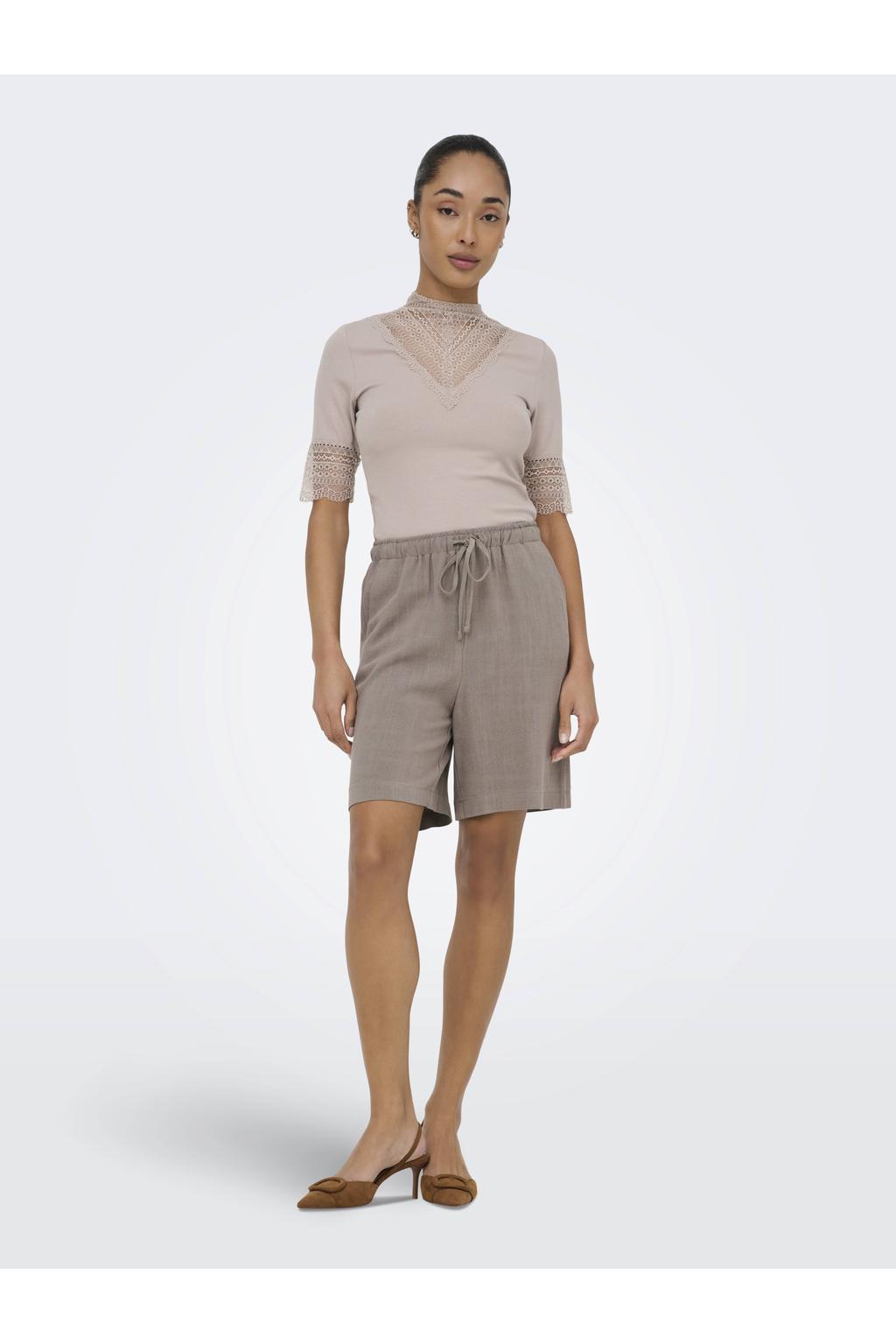 Lichtgrijze dames ONLY relaxed regular waist casual short van linnen met elastische tailleband met koord en effen