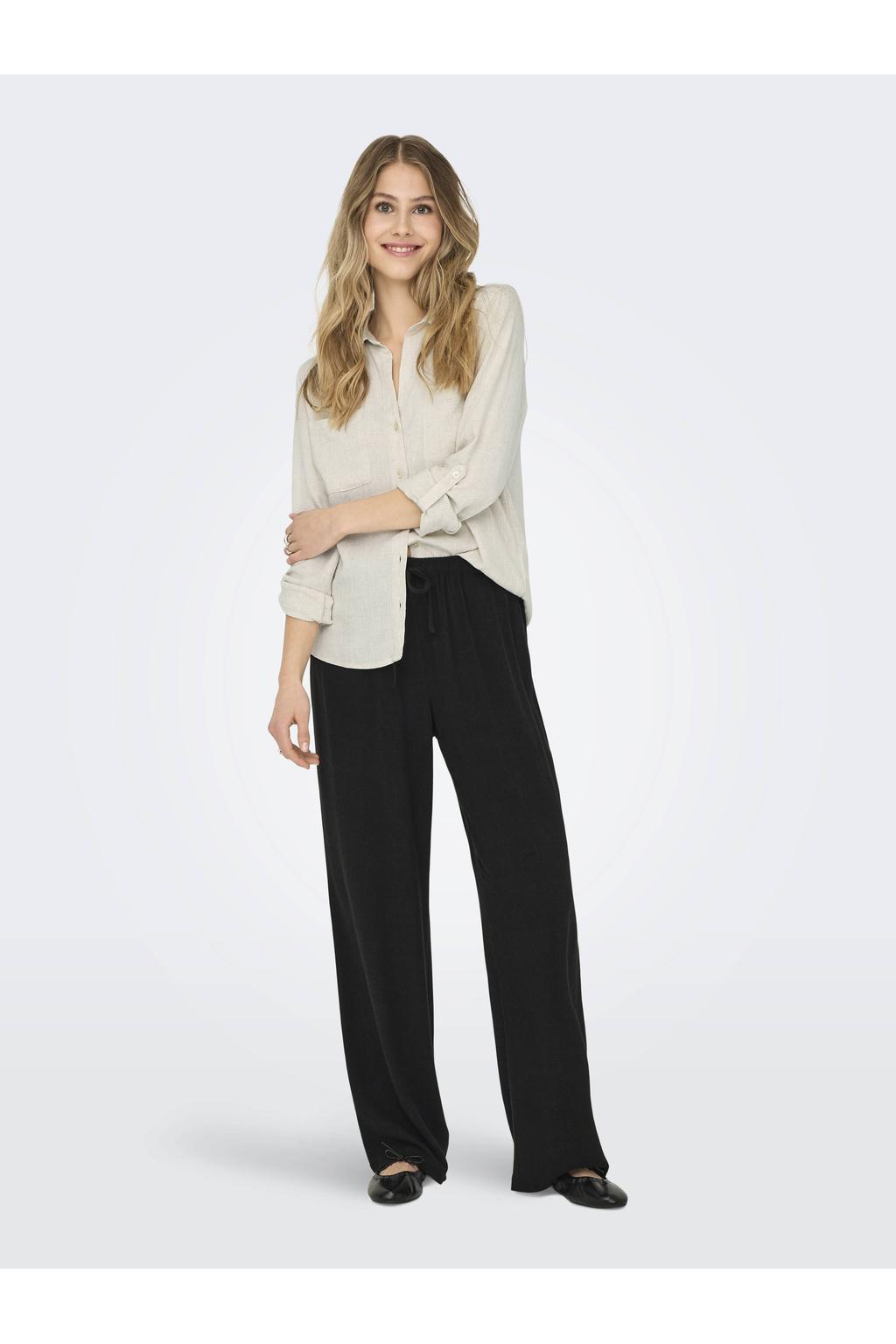 Crème dames ONLY blouse crème van modal met effen, lange mouwen, klassieke kraag, knoopsluiting en geweven detail