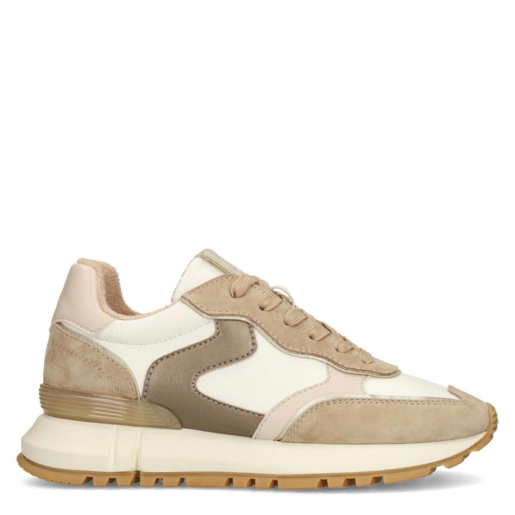Taupe dames Manfield leren sneakers met veters