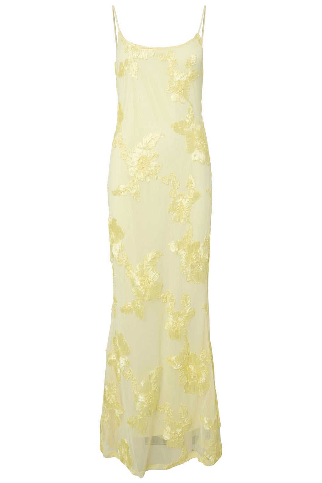 Lichtgele dames PIECES gebloemde maxi jurk van polyester met spaghettibandjes, ronde hals en mesh