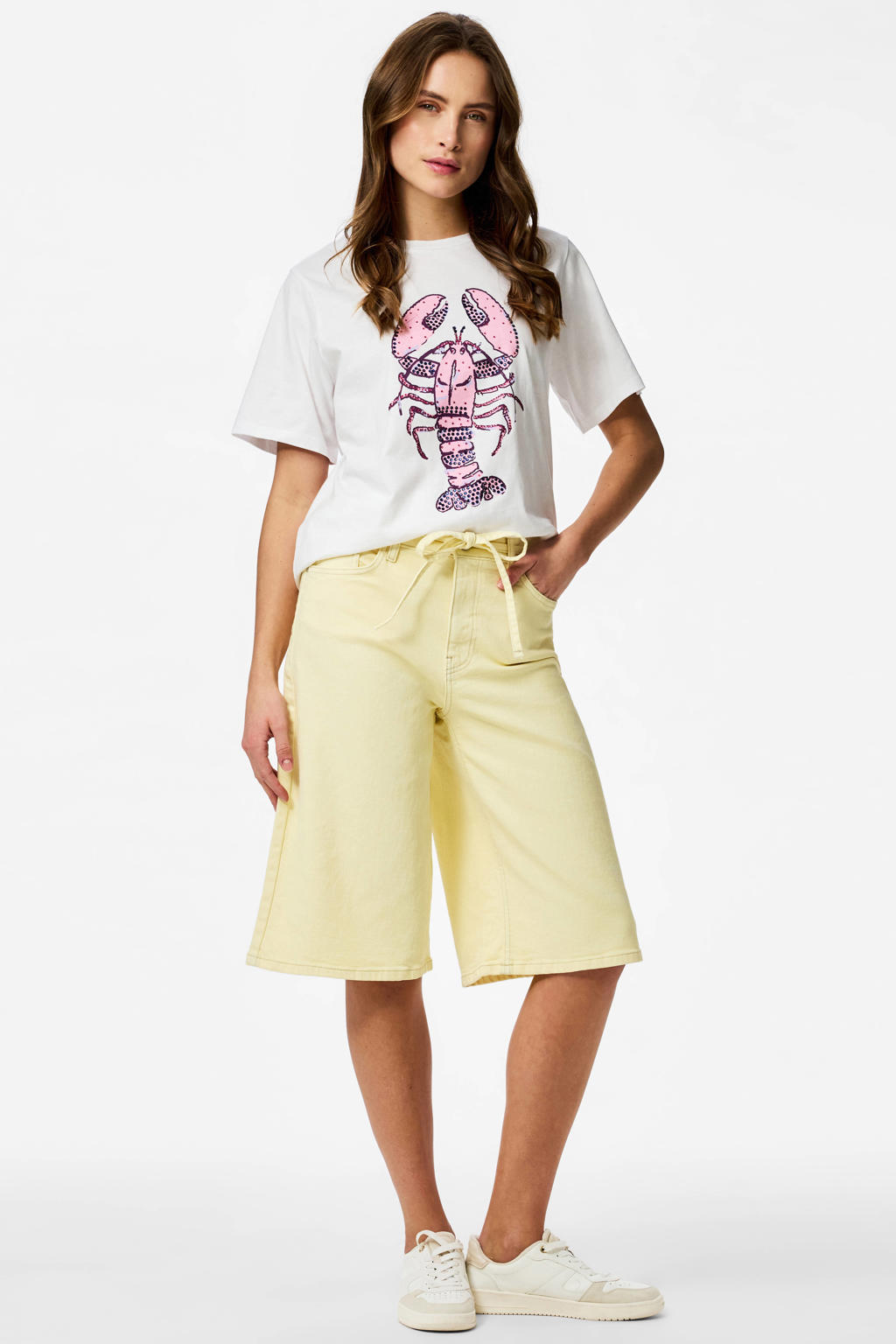 Lichtgele dames PIECES wide leg regular waist short van katoen met rits- en knoopsluiting en effen