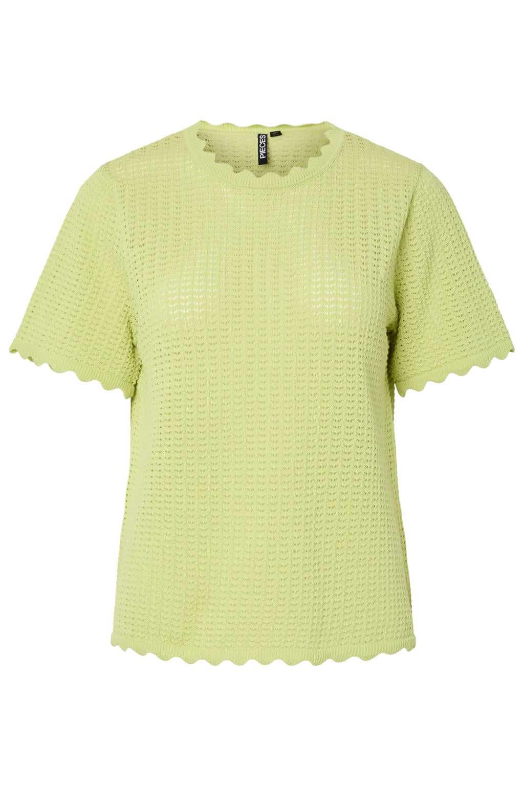Lichtgroene dames PIECES top gebreid met effen, korte mouwen en ronde hals