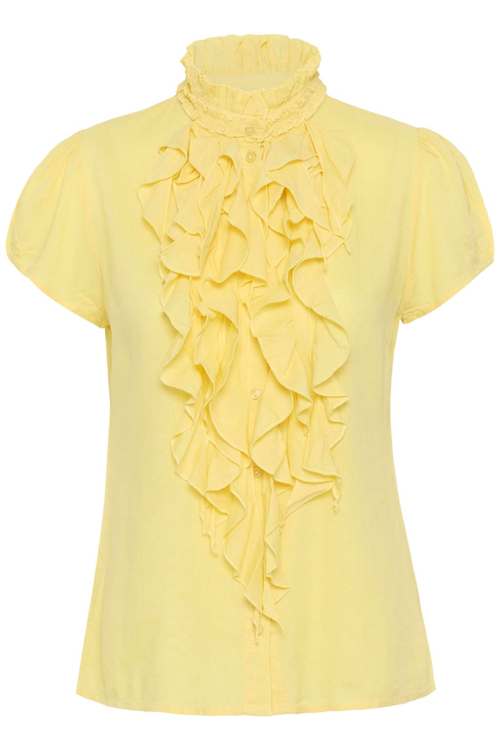 Gele dames Saint Tropez blouse van viscose met effen, korte mouwen, col, knoopsluiting en ruches